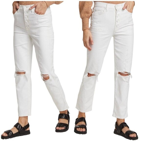 7 For All Mankind Size 29 White  Hi-Waist Button Fly Cropped Straight Jeans NWT - Picture 1 of 6